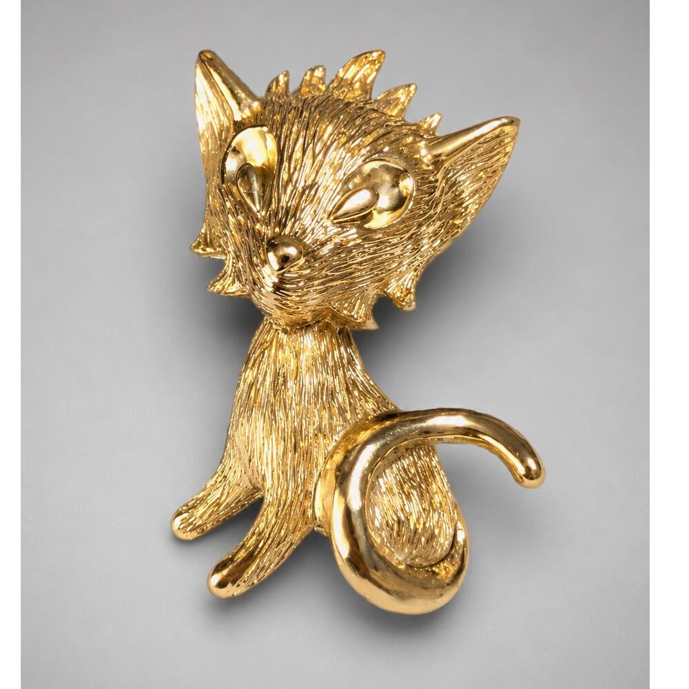 Vintage Kitty Cat Brooch Pin Gold-tone 1.5" Whimsical Figural‎ ab-112